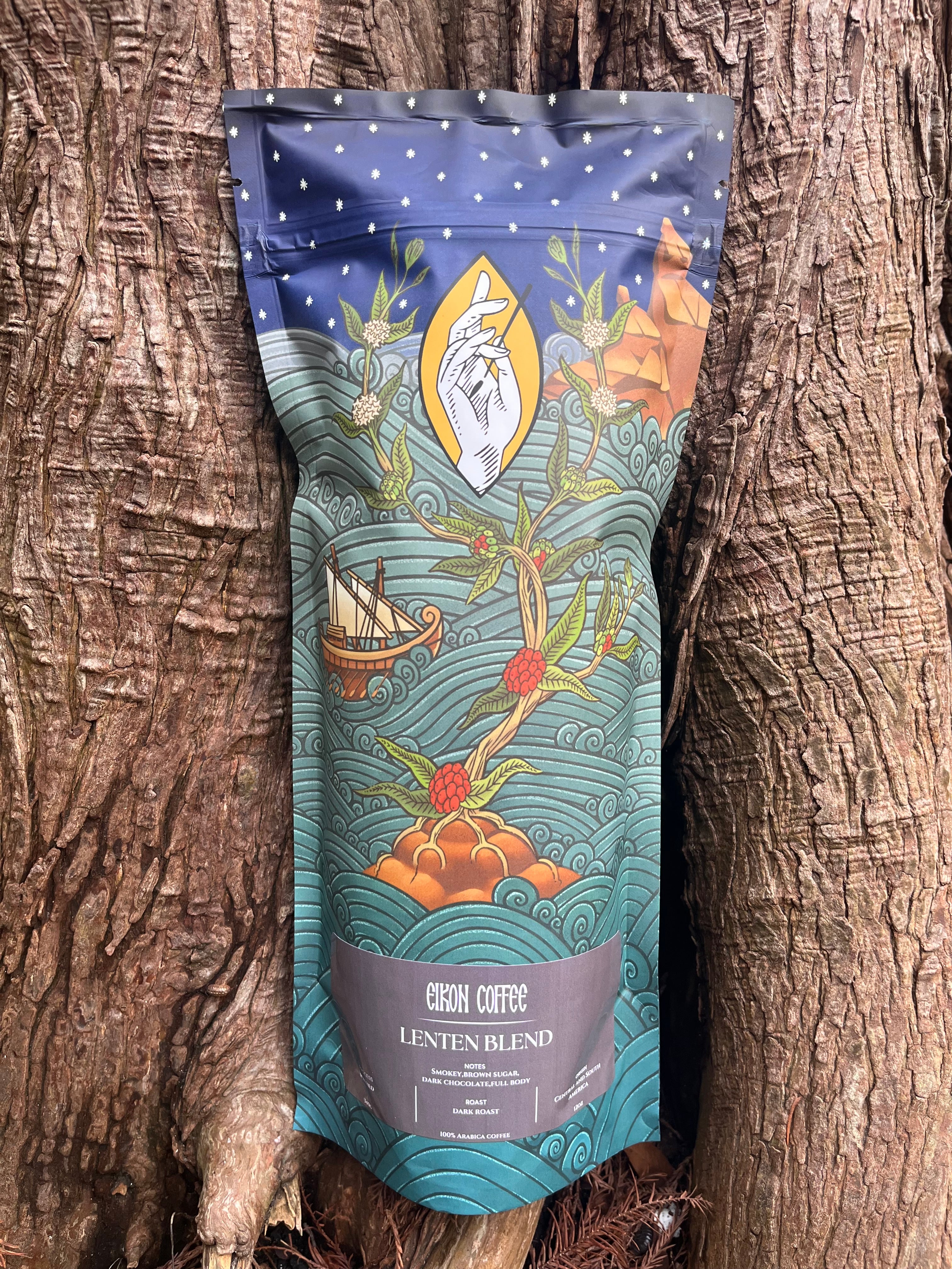 Lenten Roast coffee bag with colorful design on a wooden surface